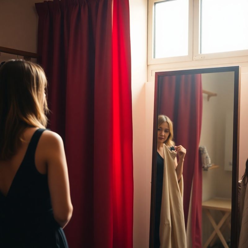 Well-lit fitting room with midnight-coral curtain inside Boutique Whitaker